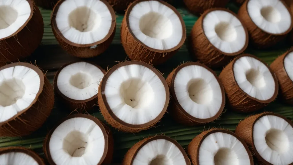 a group of coconuts cut in half